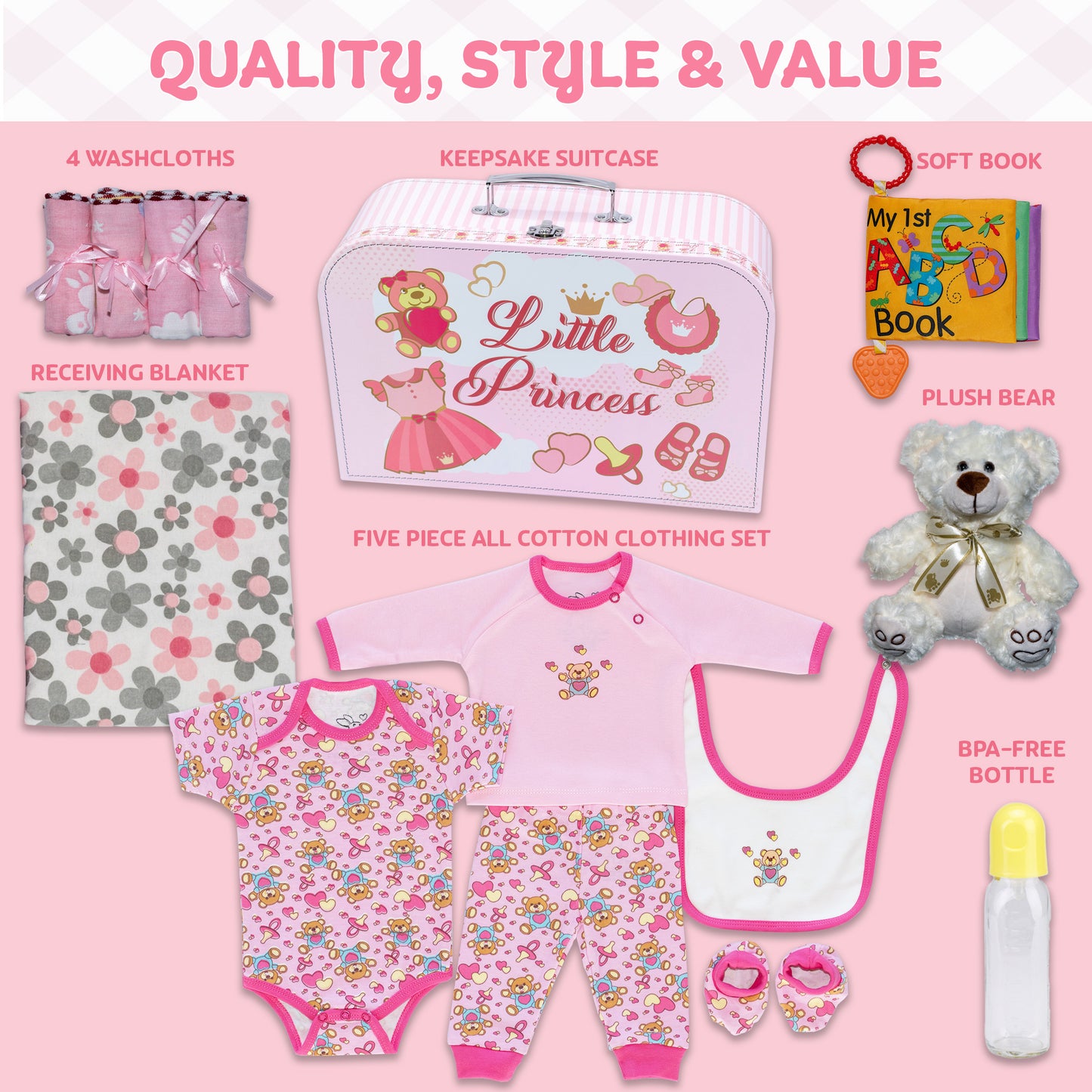 Welcome to The World New Baby Girl Gift Set, Baby Basket Gift Essentials in Unique Keepsake Suitcase Box, Pink/Medium