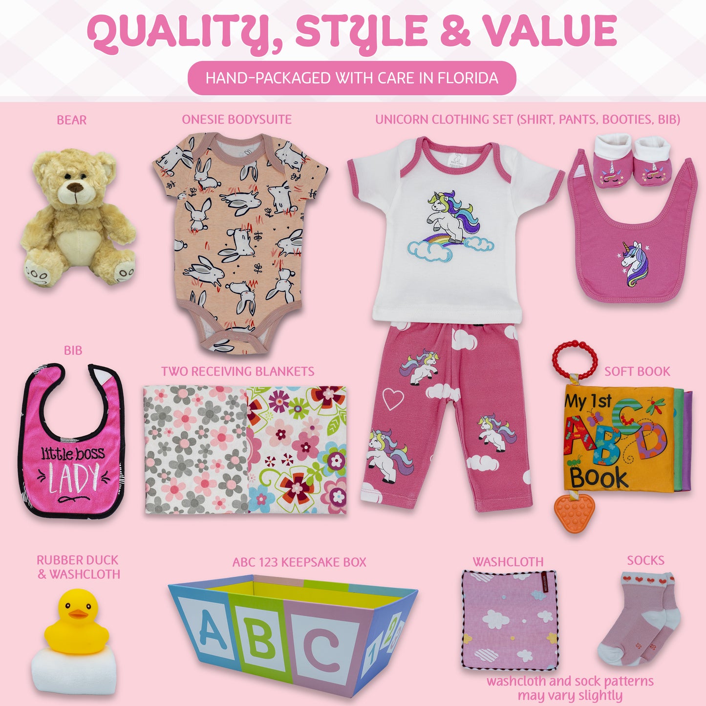 Sweet New Baby Girl Gift Basket, Baby Layette Set with Adorable New Baby Essentials, Newborn Baby Gift Set Basket for Expecting Moms & Baby Showers, Unicorn Clothes, Pink