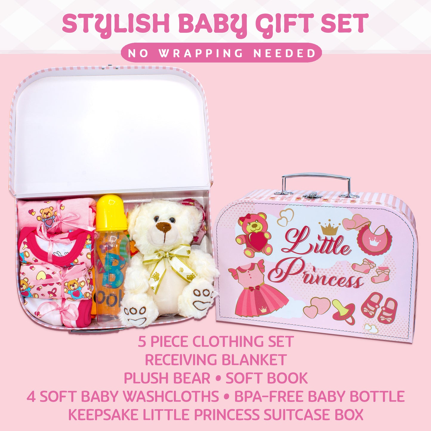 Welcome to The World New Baby Girl Gift Set, Baby Basket Gift Essentials in Unique Keepsake Suitcase Box, Pink/Medium