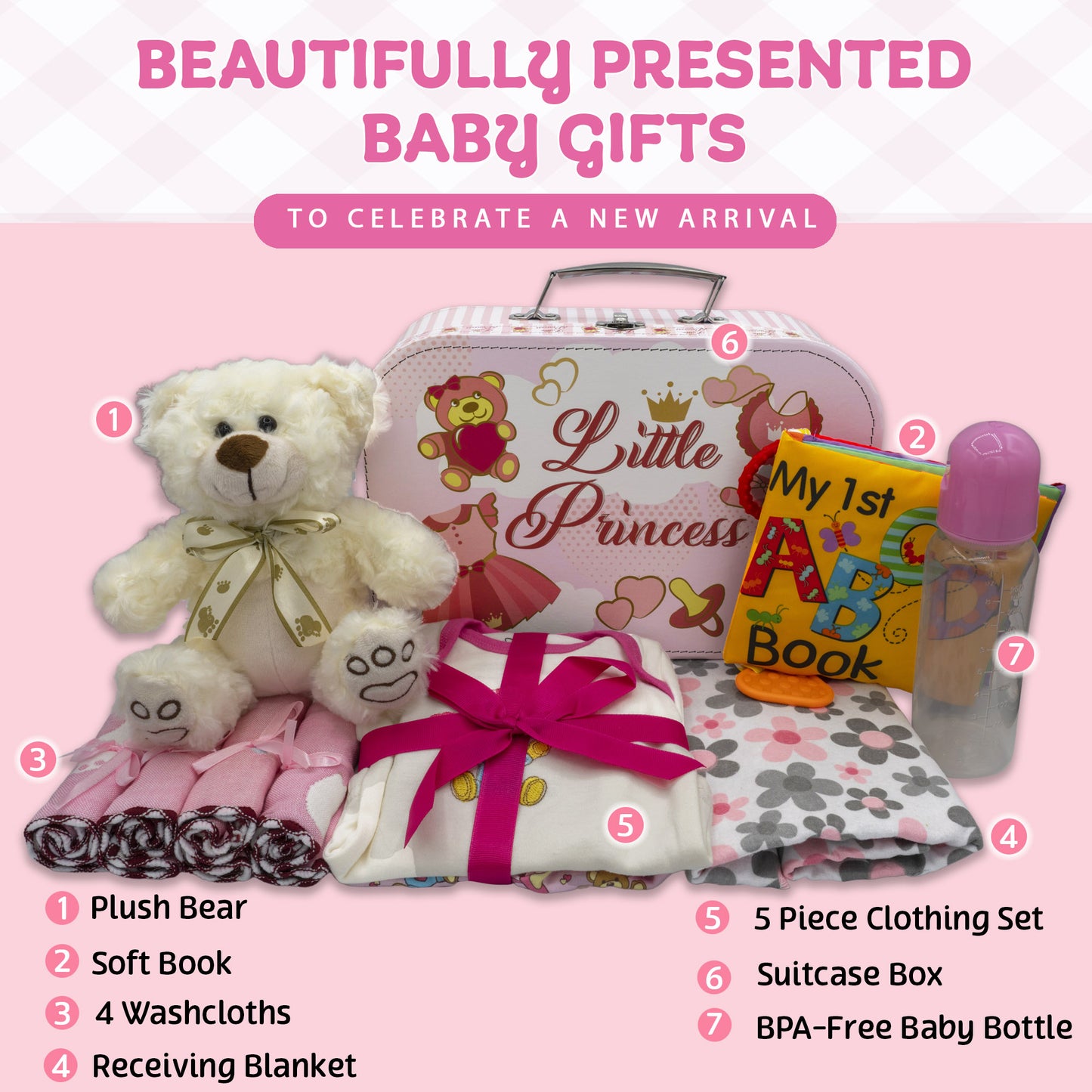 Welcome to The World New Baby Girl Gift Set, Baby Basket Gift Essentials in Unique Keepsake Suitcase Box, Pink/Medium