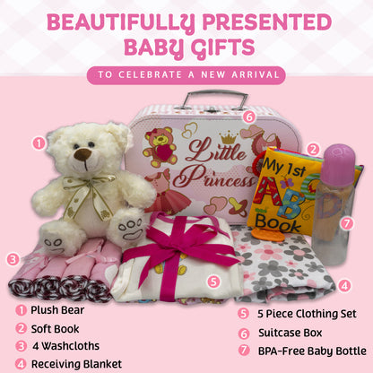 Welcome to The World New Baby Girl Gift Set, Baby Basket Gift Essentials in Unique Keepsake Suitcase Box, Pink/Medium