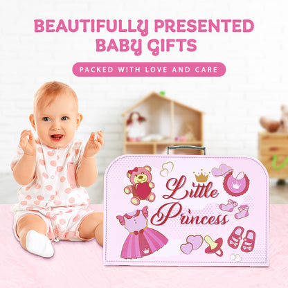 Welcome to The World New Baby Girl Gift Set, Baby Basket Gift Essentials in Unique Keepsake Suitcase Box, Pink/Medium