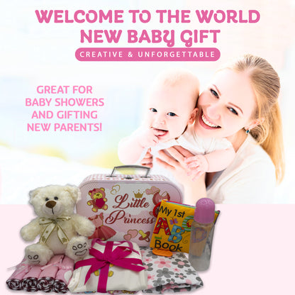 Welcome to The World New Baby Girl Gift Set, Baby Basket Gift Essentials in Unique Keepsake Suitcase Box, Pink/Medium