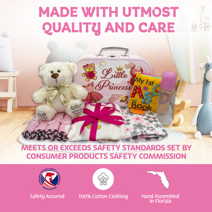 Welcome to The World New Baby Girl Gift Set, Baby Basket Gift Essentials in Unique Keepsake Suitcase Box, Pink/Medium