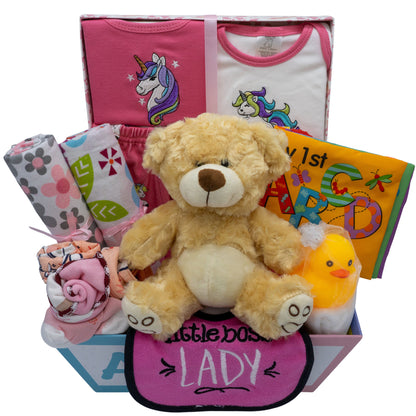 Sweet New Baby Girl Gift Basket, Baby Layette Set with Adorable New Baby Essentials, Newborn Baby Gift Set Basket for Expecting Moms & Baby Showers, Unicorn Clothes, Pink
