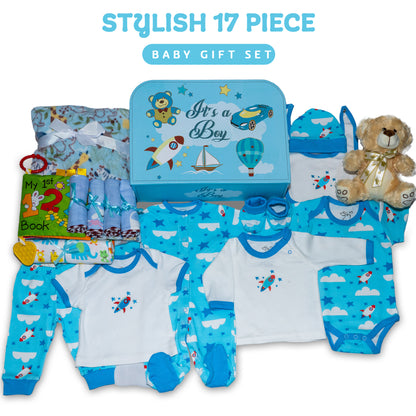 Welcome to The World Baby New Baby Boy Gift Set, Baby Basket Gift Essentials in Unique Keepsake Suitcase Box, Blue/Large