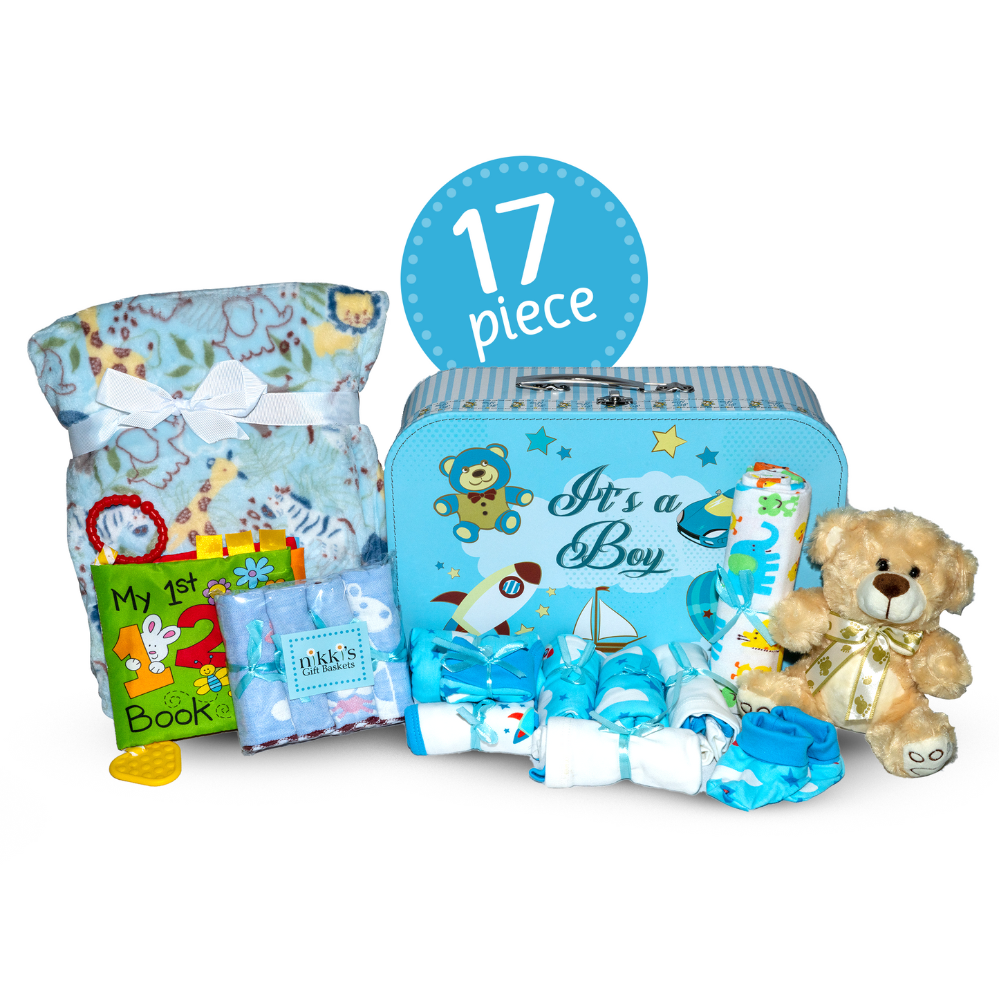 Welcome to The World Baby New Baby Boy Gift Set, Baby Basket Gift Essentials in Unique Keepsake Suitcase Box, Blue/Large