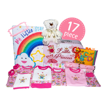 Welcome to The World Baby New Baby Girl Gift Set, Baby Basket Gift Essentials in Unique Keepsake Suitcase Box, Pink/Large