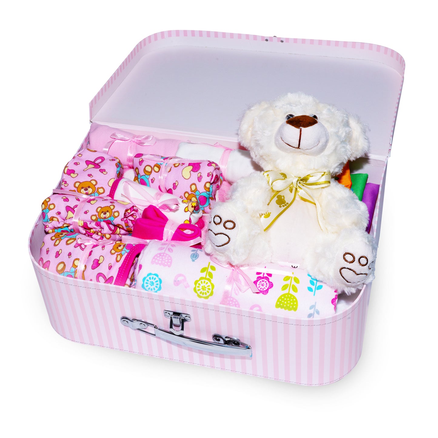 Welcome to The World Baby New Baby Girl Gift Set, Baby Basket Gift Essentials in Unique Keepsake Suitcase Box, Pink/Large