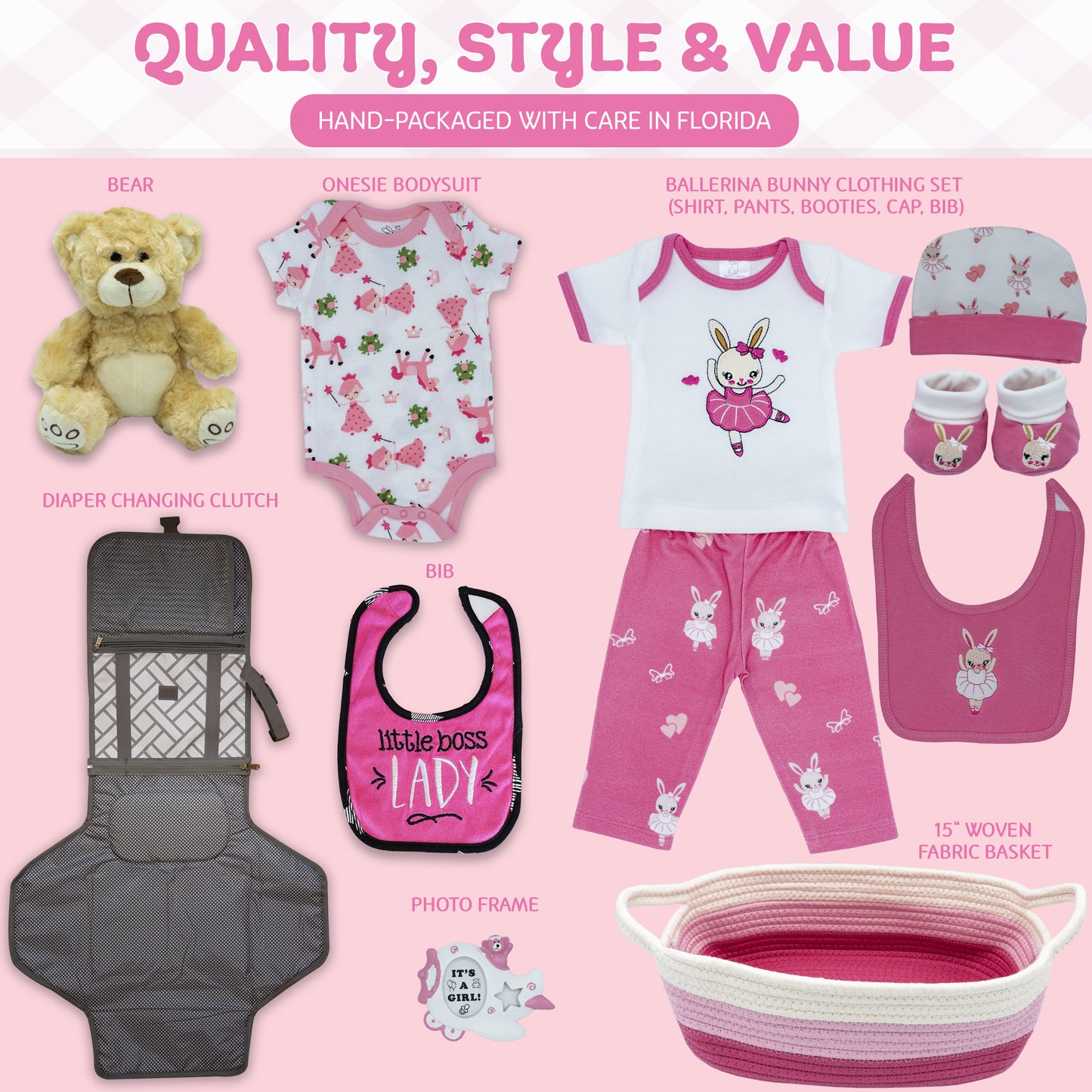 Welcome Home Precious Baby Girl Gift Set, Baby Layette Set with New Baby Girl Essentials, Newborn Baby Gift Set for Expecting Moms, Pink