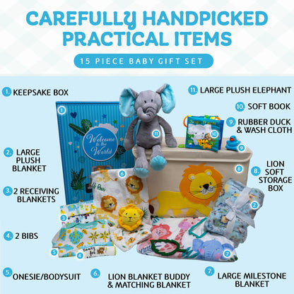 Welcome To The World Deluxe Baby Boy Gift Set. Unique Premium 20-Piece Baby Layette Set with Animal Friends New Baby Essential Gifts for Expecting Moms & Baby Showers, Blue