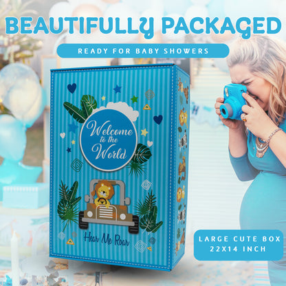 Welcome To The World Deluxe Baby Boy Gift Set. Unique Premium 20-Piece Baby Layette Set with Animal Friends New Baby Essential Gifts for Expecting Moms & Baby Showers, Blue