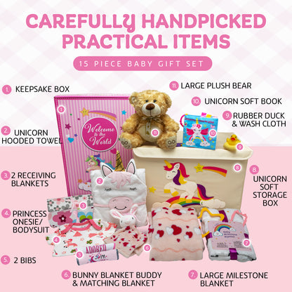 Welcome To The World Deluxe Baby Girl Gift Set. Unique Premium 20-Piece Baby Layette Set with Magic Unicorn New Baby Essential Gifts for Expecting Moms & Baby Showers, Pink