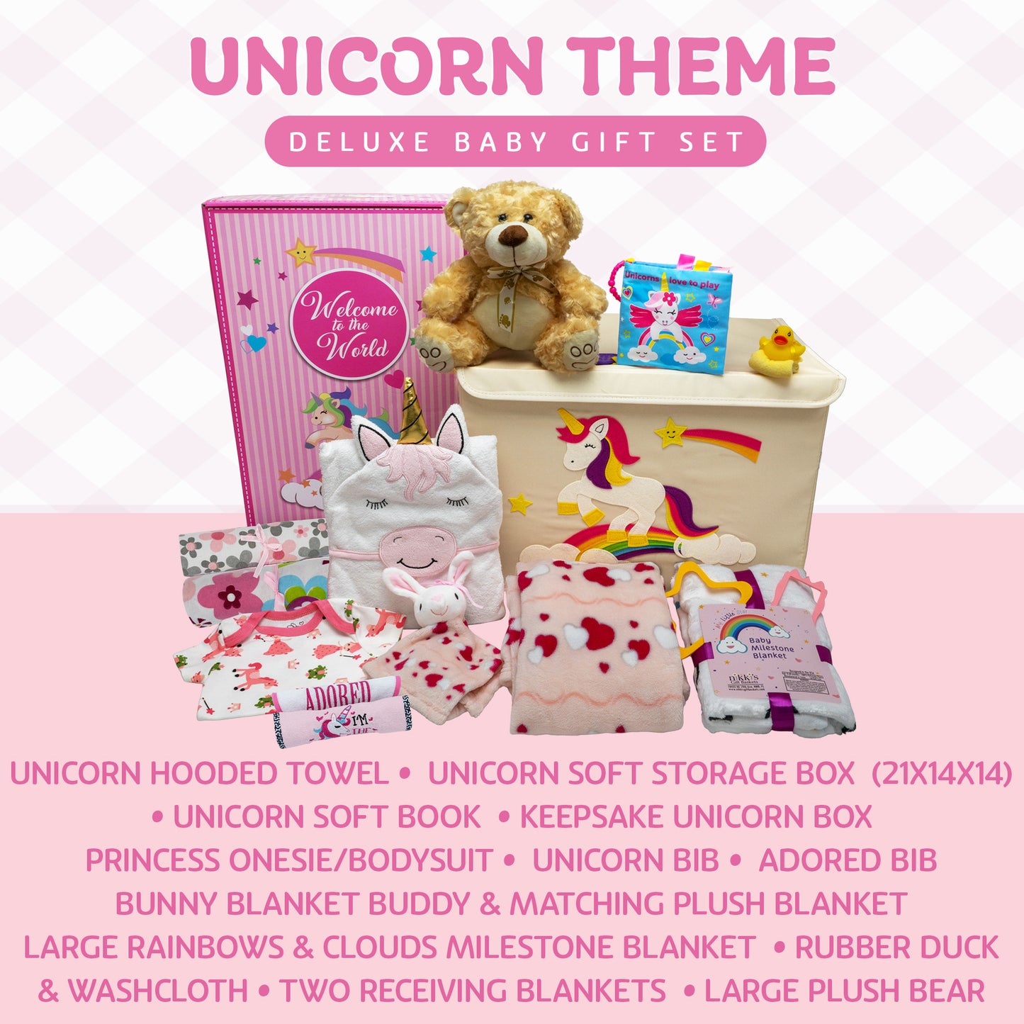 Welcome To The World Deluxe Baby Girl Gift Set. Unique Premium 20-Piece Baby Layette Set with Magic Unicorn New Baby Essential Gifts for Expecting Moms & Baby Showers, Pink