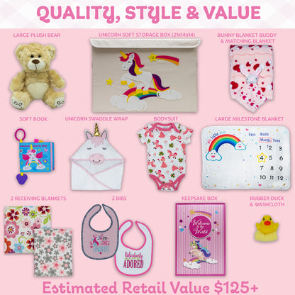 Welcome To The World Deluxe Baby Girl Gift Set. Unique Premium 20-Piece Baby Layette Set with Magic Unicorn New Baby Essential Gifts for Expecting Moms & Baby Showers, Pink