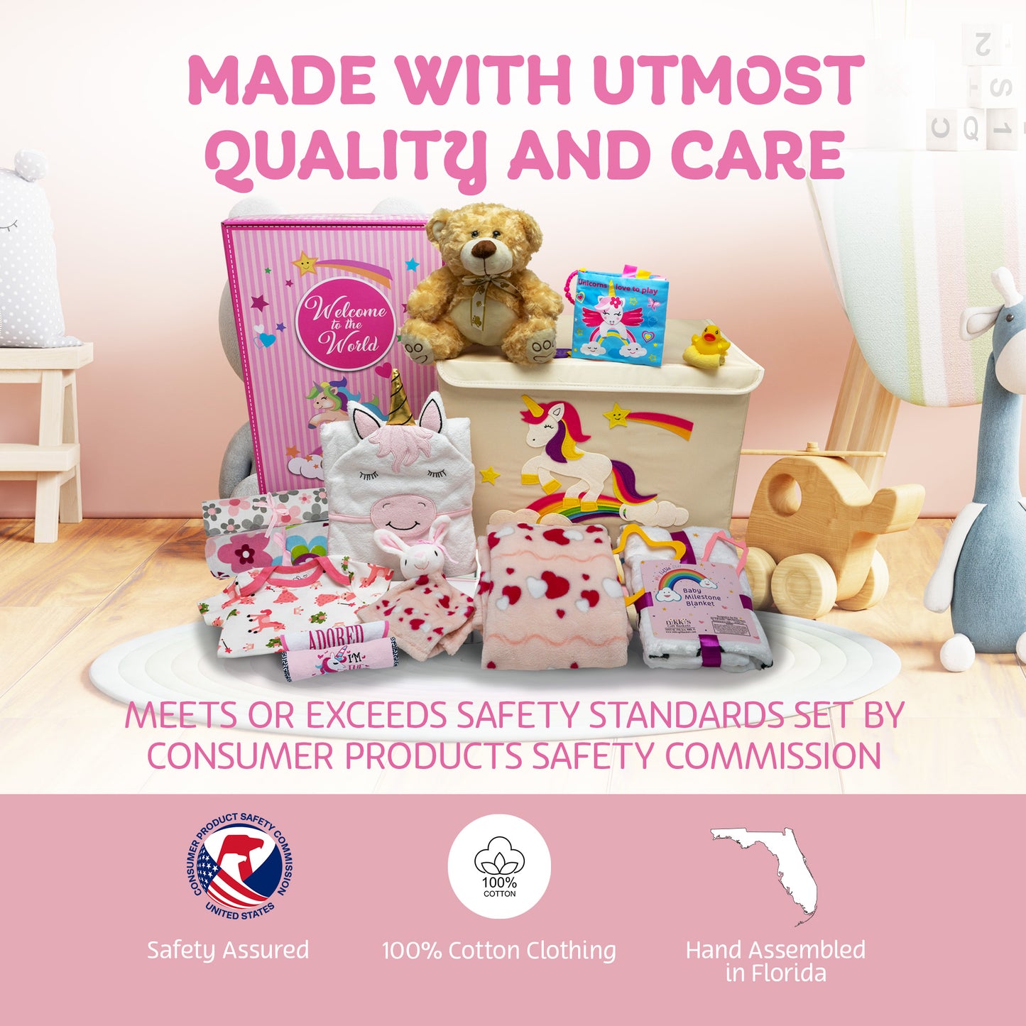 Welcome To The World Deluxe Baby Girl Gift Set. Unique Premium 20-Piece Baby Layette Set with Magic Unicorn New Baby Essential Gifts for Expecting Moms & Baby Showers, Pink