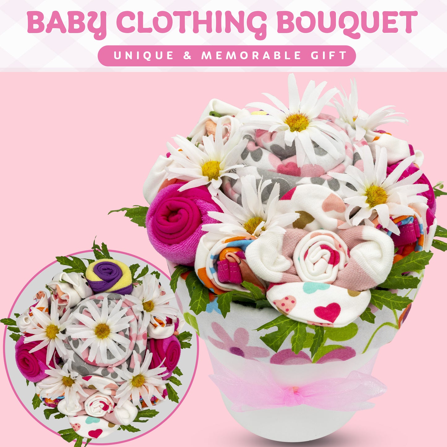 Baby Clothing Flower Bouquet, New Baby Girl Gift Basket with Baby Clothing Arranged Like Celebration Flowers, Creative Unique Baby Gift For New Parents