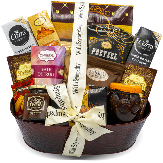 With Sincere Sympathy Condolence Gift Basket for Loss of a Loved One, Elegantly Arranged Gourmet Funeral Basket, Dark Copper Bereavement Care Package for Mourning and Grieving