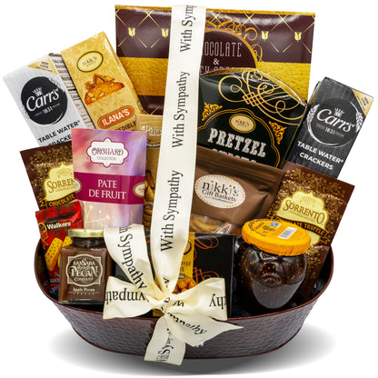 With Sincere Sympathy Condolence Gift Basket for Loss of a Loved One, Elegantly Arranged Gourmet Funeral Basket, Dark Copper Bereavement Care Package for Mourning and Grieving