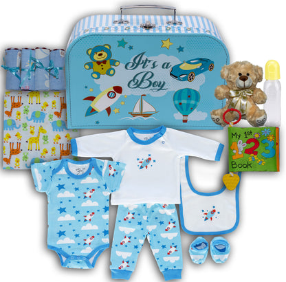 Welcome to The World New Baby Boy Gift Set, Baby Basket Gift Essentials in Unique Keepsake Suitcase Box, Blue/Medium