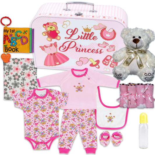 Welcome to The World New Baby Girl Gift Set, Baby Basket Gift Essentials in Unique Keepsake Suitcase Box, Pink/Medium